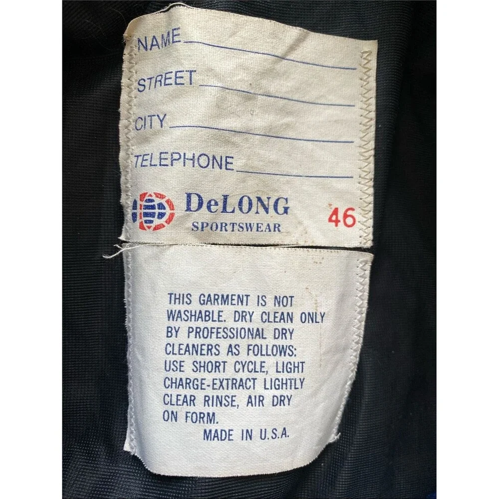 Vintage 80’ DeLONG Mens Varsity Letterman Jacket Wool Leather 46 L/XL Blue Grey